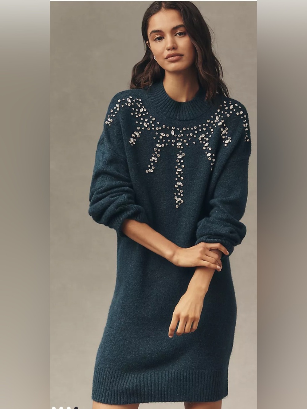 By Anthropologie Long-Sleeve Embellished Sweater Mini Dress NWT size XS - Picture 3 of 4